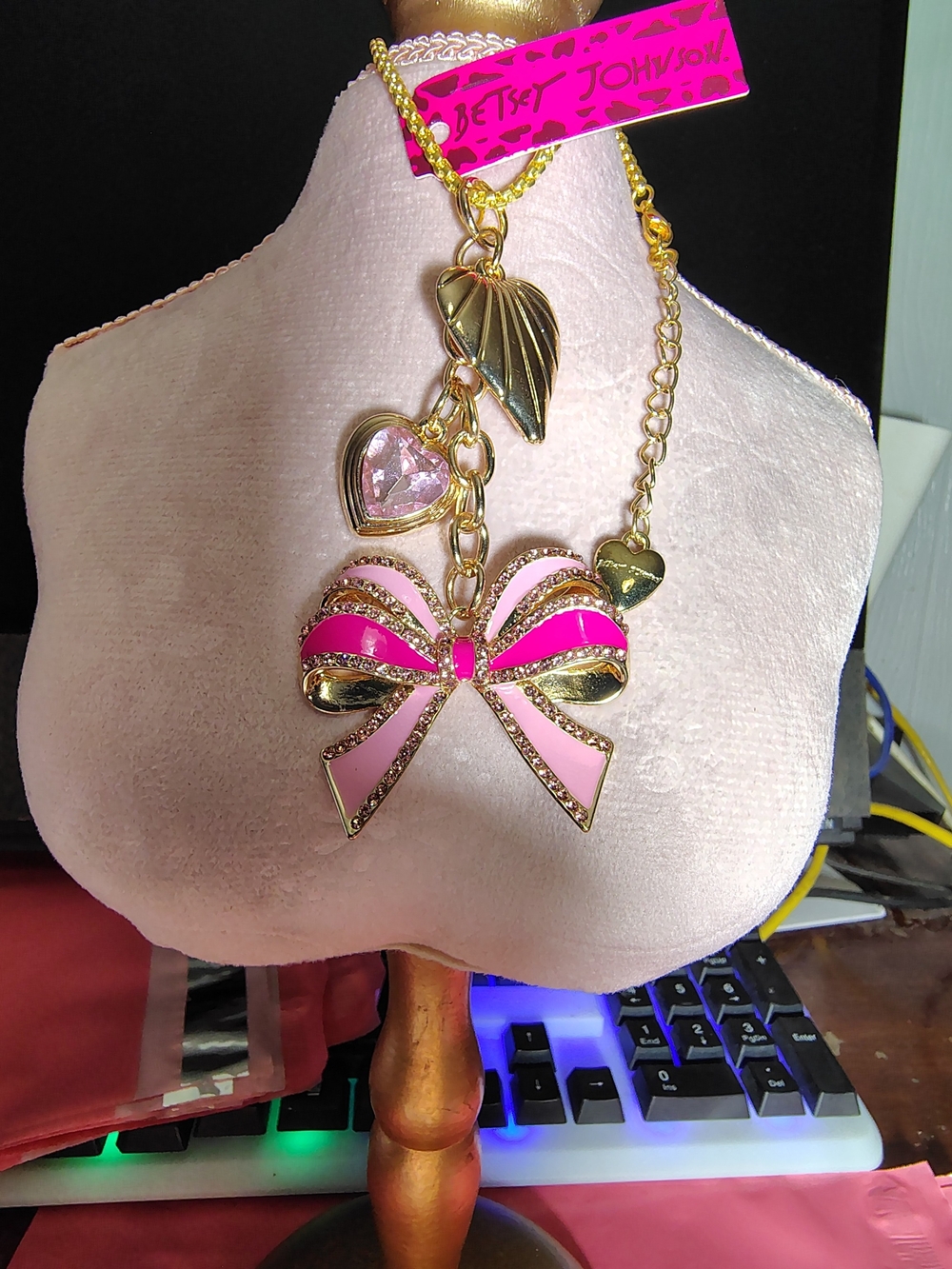 Betsey Johnson Gold-Tone Pink Bow & Heart Pendant Necklace